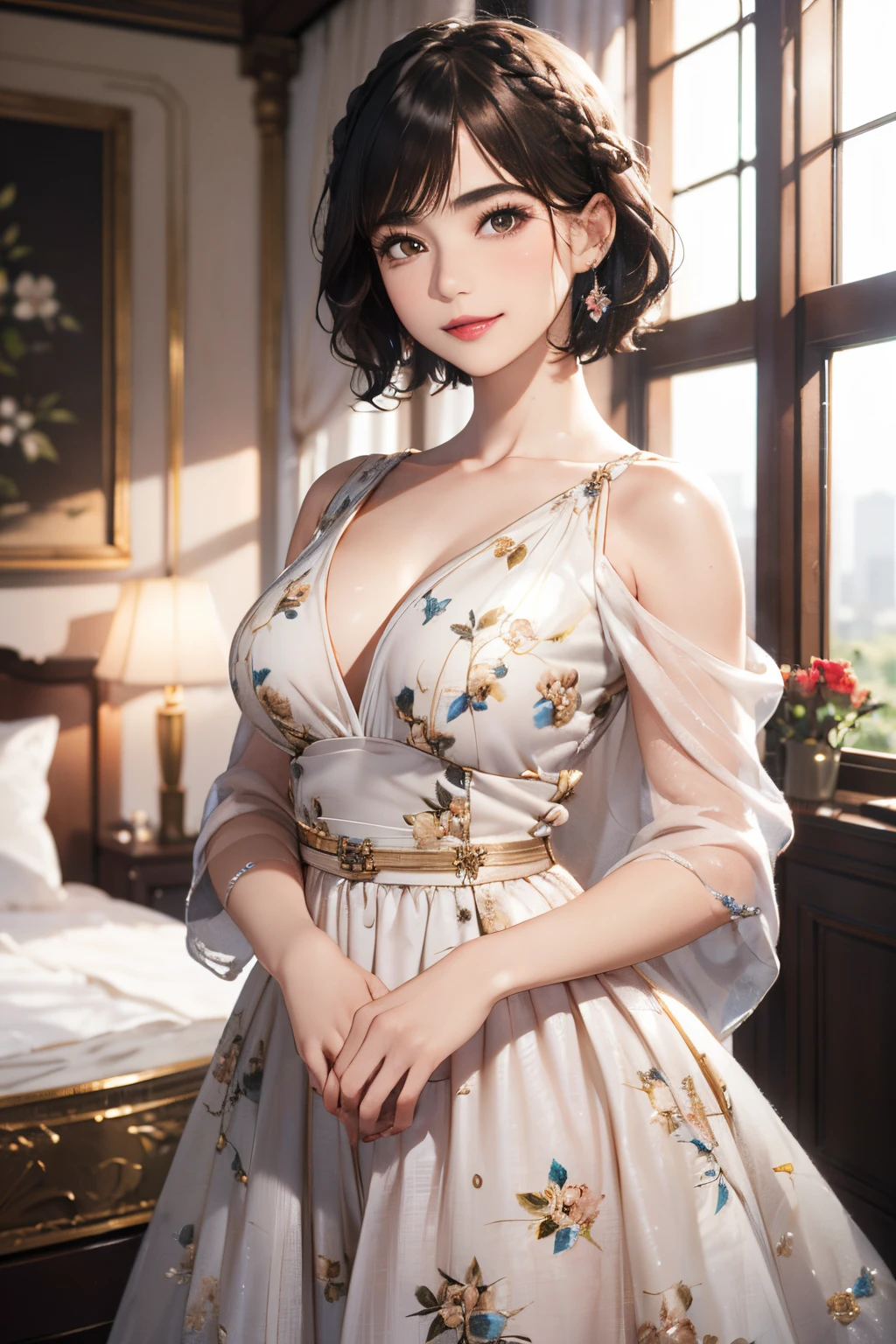 ((((masterpiece, best quality, high resolution)))), (1girl:1.5), ((short silky hair, black hair, blue eyes, sharp eyes)), (average breasts:1.2), blush, (cheeky smile, parted lips), glow, thighs, bare shoulders, collarbone, narrow waist, (slender body figure), (beautiful detailed face, beautiful detailed eyes), ((white satin nightgown, thin material)), (standing up), looking at viewer, nighttime, bedroom