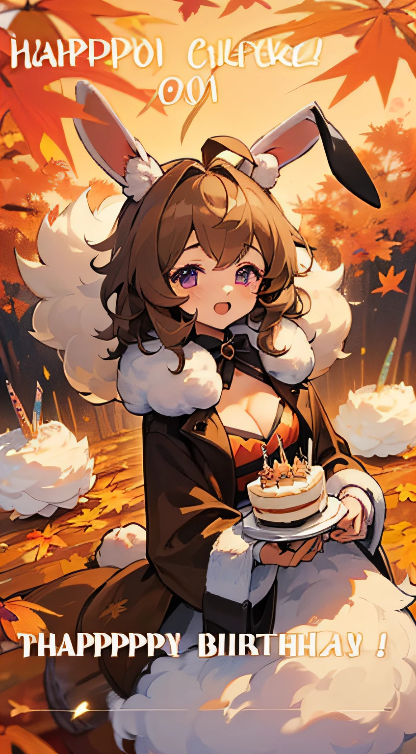 Cute, (1 girl:1.1), Solo, (light brown hair:1.3), Medium Hair, Wavy Hair, Purple eyes, A big smile, Ahoge, (Rabbit ears:1.4), (Rabbit tail:1.3), Princess Cut, (Fluffy muffler:1.8), (coat:1.6), (Autumn clothes:1.6), (Chibi:1.0), (Slouch:1.4), (cleavage:1.4), (holding a small birthday cake:1.5)