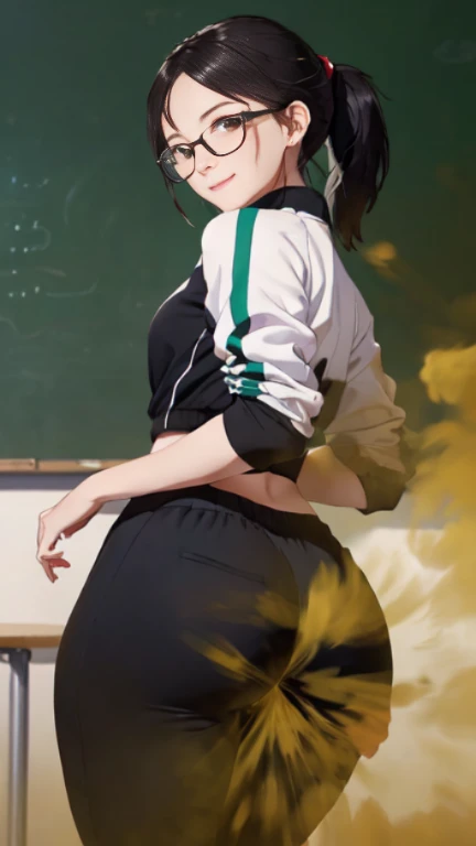 ((velocity)),Yellow smoke,Attacked by farts, (((Women farting))),(girl farting while stand)),smiled faintly,velocity,(Yellow smoke is rising))(a female teacher), (wearing tracksuits), (wearing a glasses), (standing facing the screen),(her butt facing the screen)) (ponytail black hair),(Asian woman),(school field ),(masterpiece:1.2、top-quality)、(the Extremely Detailed CG Unity 8K Wallpapers、ultra-detailliert、Best Shadows)、(细致背景)、(The best lighting、extremely delicate and beautiful)、depth of fields、1girl in、alone