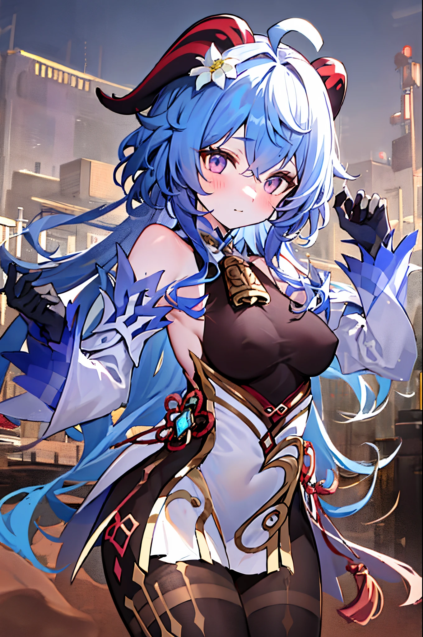 ganyu \(genshin impact\), 1girl, ahoge, architecture, bangs, bare shoulders, bell, black gloves, black pantyhose, ((blue hair)), blush, breasts, chinese knot, detached sleeves, east asian architecture, flower knot, gloves, horns, long hair, looking at viewer, medium breasts, neck bell, night, outdoors, pantyhose, purple eyes, sidelocks, solo, tassel, white sleeves, ((masterpiece))