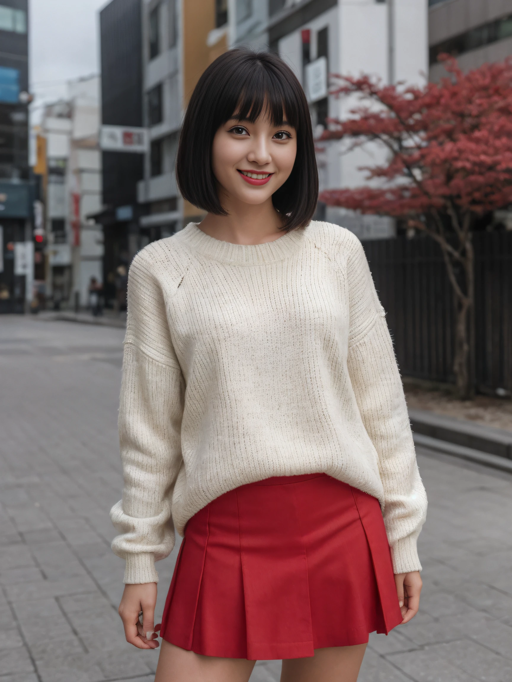 of the highest quality, masutepiece, 超A high resolution, Photorealistic, 1 girl,High-resolution full-body images, smiling red lips, Smile, slightly visible, Red Sweater, Denim skirt,fullbody image,Soft lighting, Detailed skin, Bangs, Black hair, Clear eyes, Short bob hair, Transparency, Japan, Korean, Beautiful woman, Upper Eyes, Lip gloss, Highlight your body line