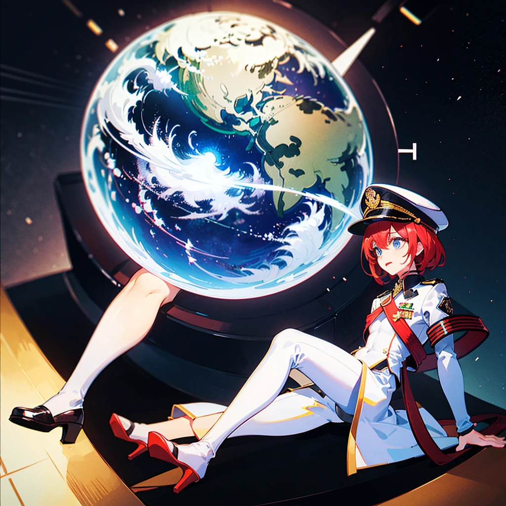 (((masterpiece)))、(((Top image quality)))、(((top-quality)))、(((Illustration of one woman)))、full bodyesbian、Red-haired shorthair、(Thin hair hanging down both sides of the face)、Blue eyes、(((neuter)))、((Tall))、(((Muscular and strong body)))、((muscular and thick arms))、((muscular and thick legs))、(((manspreading)))、opening legs、((Military uniforms))、((Military Cap))、((Military coat))、(white clothes)、(White pants)、(White cap)、trench coat、((Inside the spaceship、Sitting in the captain's seat))、(Outside the window、Earth seen from space)