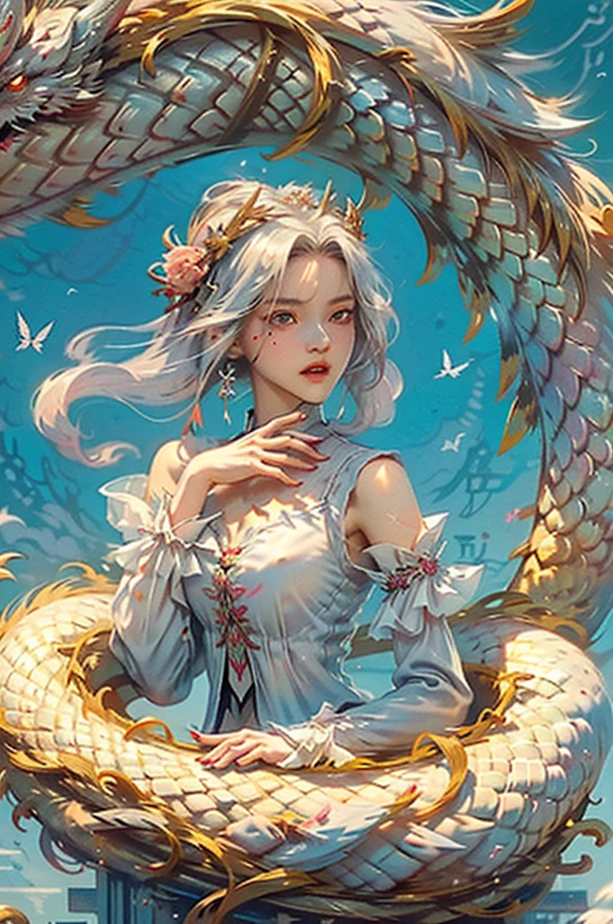 Best quality,tmasterpiece,超高分辨率,Best image quality,exquisitedetails,A beautiful girl,long eyelasher,Big eyes with lying silkworms,Blushlush,Hydrated powder lips,Delicatemakeup,(facial closeups),(Slender legs),White skin,(Glazed hair accessories),(Wearing a butterfly embroidered mesh chiffon long-sleeved shirt),cropped shoulders,Do not show your hands,鎖骨,choker necklace,Messy long hair,Highest image quality,Slim figure,Plump breasts,Red roses(long:1.2),cloud,buliding,east asian architecture,red eyes,Bania,with her mouth open,sky sky,square,Oriental Dragons,The sky is mostly cloudy,teeth,flight,Eau,That bird,wings,the ocean