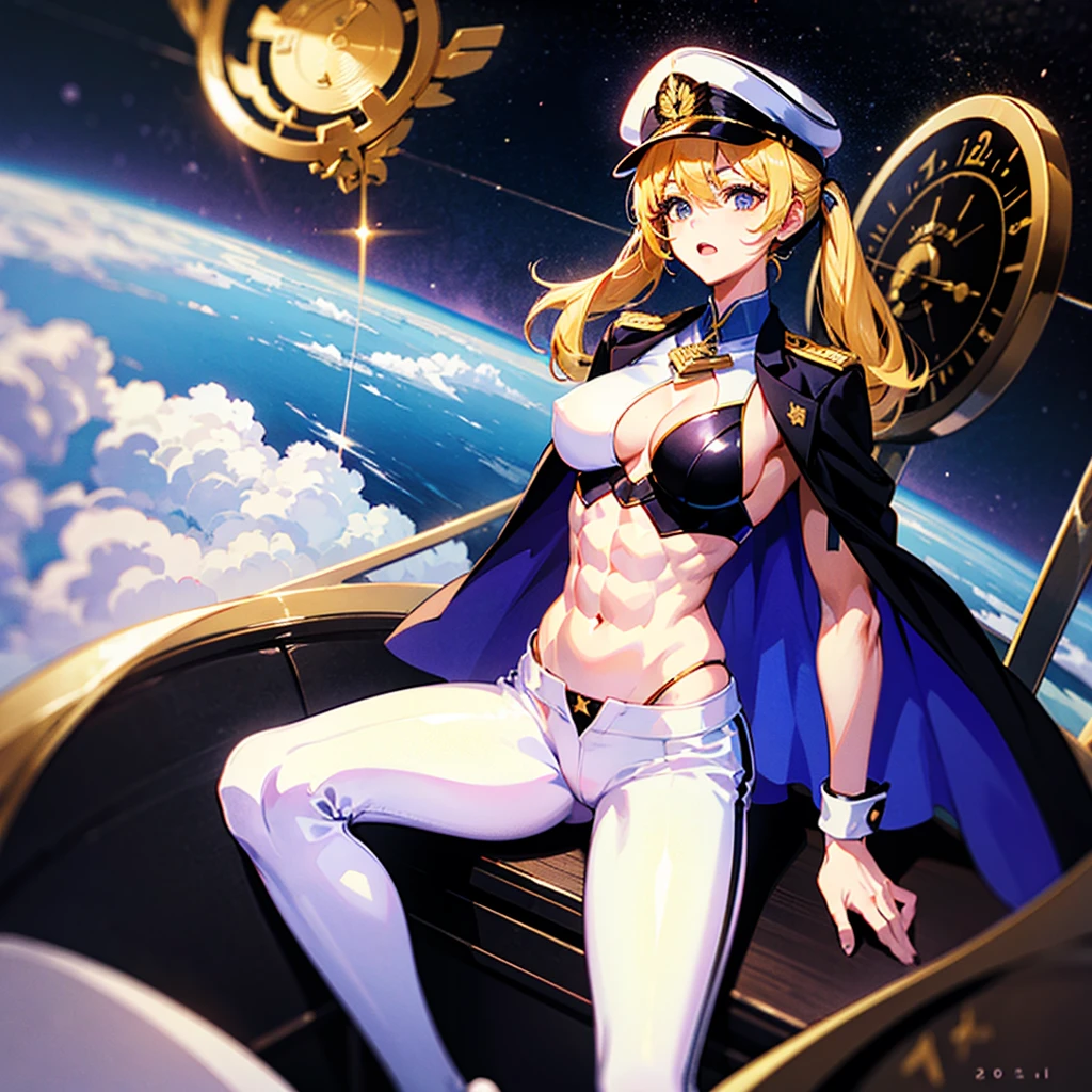 (((masterpiece)))、(((Top image quality)))、(((top-quality)))、(Illustration of one woman)、full bodyesbian、30-years old、(((neuter)))、((Blonde twintails))、Light golden eyes、((Tall))、(((Muscular and strong body)))、(((Split abs)))、(((muscular and thick arms)))、(((muscular and thick legs)))、(((manspreading)))、opening legs、((Military uniforms))、((Military Cap))、((Military coat))、(white clothes)、(White pants)、(White cap)、trench coat、((Inside the spaceship、Sitting in the captain's seat))、(Outside the window、Earth seen from space)