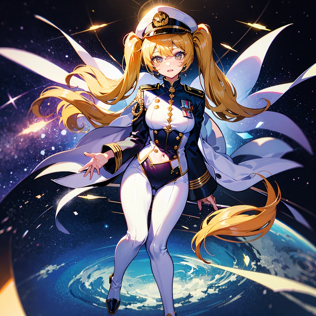 (((masterpiece)))、(((Top image quality)))、(((top-quality)))、(Illustration of one woman)、full bodyesbian、30-years old、(((neuter)))、((Blonde twintails))、Light golden eyes、((Tall))、(((Muscular and strong body)))、(((Split abs)))、(((muscular and thick arms)))、(((muscular and thick legs)))、(((manspreading)))、opening legs、((Military uniforms))、((Military Cap))、((Military coat))、(white clothes)、(White pants)、(White cap)、trench coat、((Inside the spaceship、Sitting in the captain's seat))、(Outside the window、Earth seen from space)