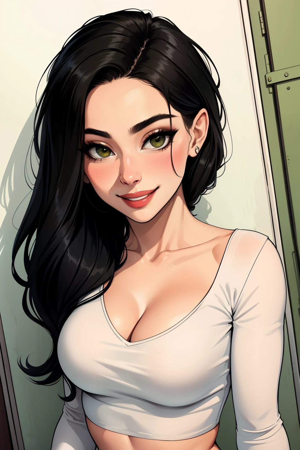Amazing portrait of a sexy woman wearing her long straight luscious black hair, seductively gazing and smiling, soft lips, parted, blushing intensely, smiling, olive green crop top, white cargo pants, white shirt, medium chest, cleavage, perfect body