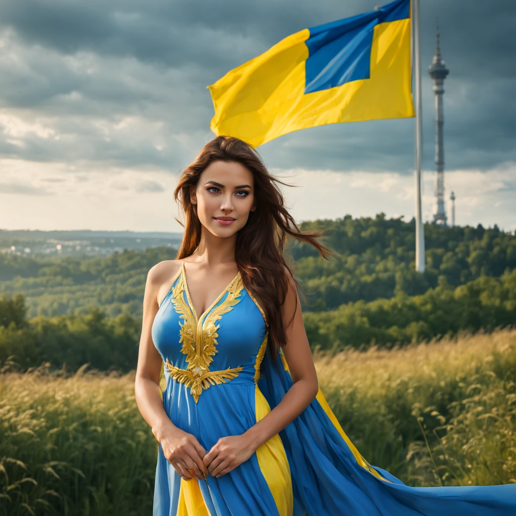 vistiendo la bandera de Ucrania, Obra maestra, (((Supermodelo de figura completa visible Foto de cuerpo completo))), (((Magical lighting action taking))) (((beautiful fit pale smiling eyes goddess Ukraine woman surrounded in sky vast fantasy landscape))) ((ciudad de Kyiv Ucrania)), (((Llevando una bandera de Ucrania sobre los hombros., staring at the camera))) , ((( cabello moreno, manos precisas ojos precisos))) moody lighting, Hora azul, colores azules, muy detallado, Dramatic lighting, digital art trending on Artstation 8k HD high definition detailed realistic, Detallado, textura de la piel, hiper detallado, textura realista de la piel, Armadura, La mejor calidad, ultra-high-resolution, (fotorrealista:1.4), High resolution, Detallado, Foto RAW, sharp re, nikon d850 film stock photograph 4 kodak portra 400 camera f1.6 lens rich colors hyper realistic lifelike texture dramatic lighting unrealengine trending on artstation cinestill 800, (((Precise female anatomy, ojos perfectos))) (((500px, fstoppers, Photo view.Ru, Ruido iso)))