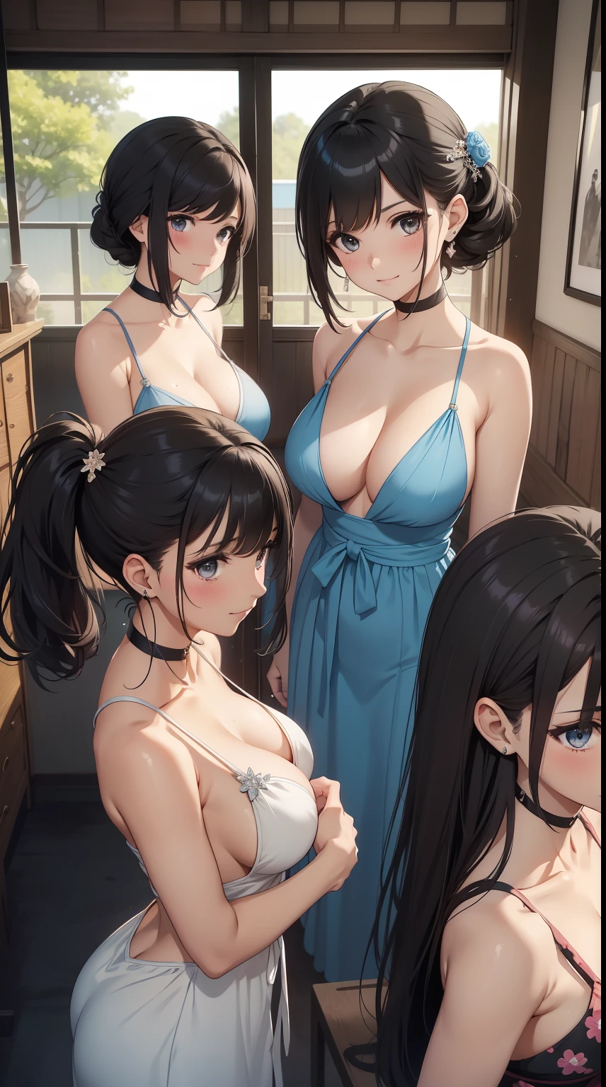 4 girls、(multipel Girls)Top image quality、Prom,posh,Short hair details,Side breasts,ssmile,(Slip dress),Masterpiece Best Bust、Bust 100、A brunette one、pony tails、you can see a big valley、high high quality、visual art、Background with((Japan World、Black sky))、