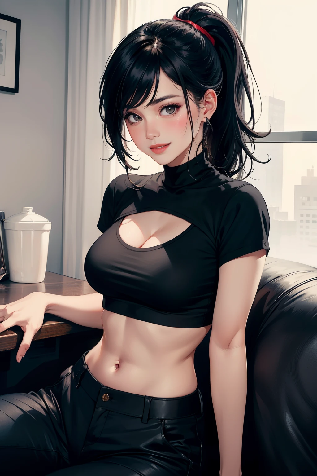 Amazing portrait of a sexy woman wearing her luscious black hair in a ponytail, seductively gazing and smiling, soft lips, parted, blushing intensely, smiling, black crop top, black cargo pants, black short shirt, medium chest, cleavage, perfect body
