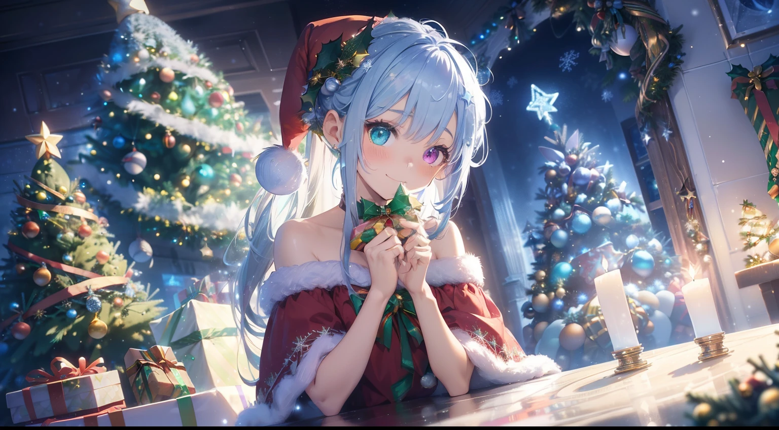 Highest Quality、Photorealsitic、The ultra-detailliert、Delicate、orderly、high détails、bluish-silver ponytail、(Drooping heterochromia iris:1.4)、Gamine、10yaers old、embarrassed from、A smile、A slender、fullllbody、blured background、(1 girl in:1.2)、GameCG、dynamic ungle、(Bioluminescent hair、radiant eyes:1.2)、Ambient Occlusion、ambient lights、ray trace reflection、Glow、glowing aura、Radiant hair、(Christmas、illuminations、Christmas tree:1.5)(santa dress,off shoulders,pantyhose:1.2)