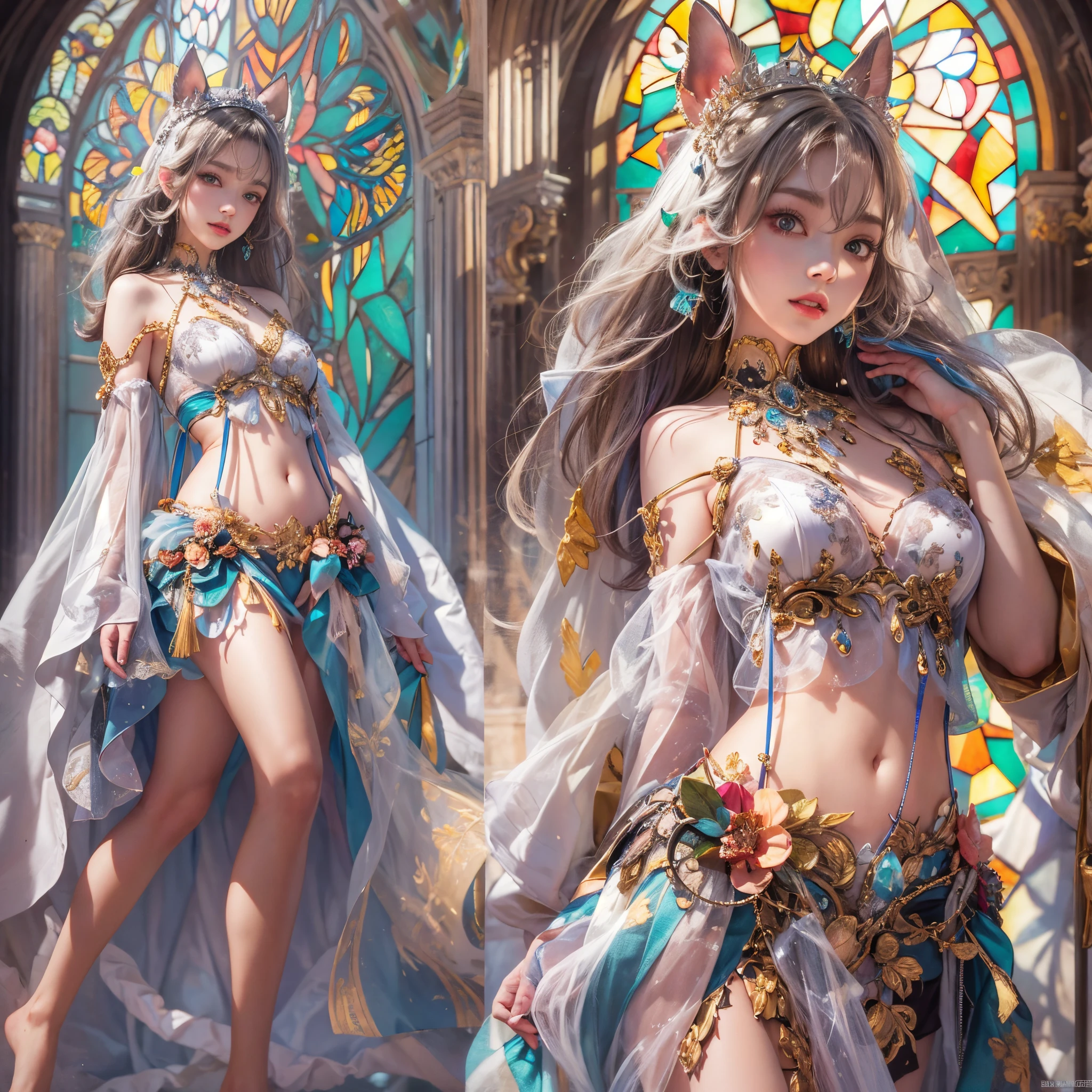 ( Masterpiece:1.25, exposed:1.2, White and vivid colors, navel), (sexy junior idol), ((face variations)), portrayed in the best quality and high resolution. The image should be ultra-detailed, realistic, and photorealistic with a touch of rawness. back lighting, colorful Light shines through delicate stained glass. The medium can be a combination of photography and concept art. The color tone should be vibrant and vivid, enhancing the overall visual impact. (Whole Body proportions and all limbs are anatomically accurate), (nipple:-0.9) .