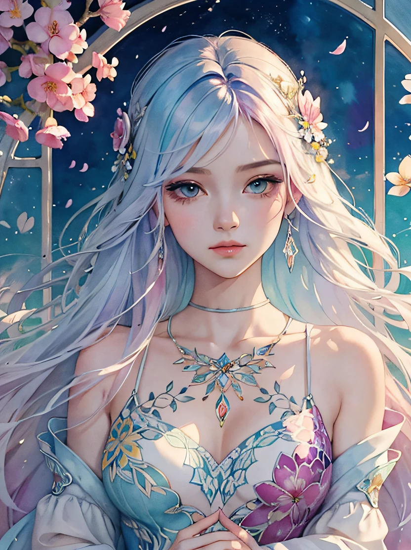 Beautiful girl story wrapped in love, Beautiful eye details, A captivating anime girl gracefully emerges from the pages of a watercolor painting, Her vivid and complex colors are, Bring your artwork to life, (see-through transparent clothes, Transparent costume:1.5), She dons an extraordinary fantasy costume adorned with delicate details, reflecting the enchanting world she inhabits, Luminescent elements, like glowing crystals and ethereal wisps, surround her, casting a soft, otherworldly glow, The style of watercolor painting is、Imbues the image with a sense of fluidity and delicacy, as if the colors are effortlessly blending and bleeding into one another, Camera shot: medium shot, Soft Focus, luminescent glow Lighting, watercolor brushstrokes, Sophisticated and very delicate anime illustration, unique colors, Portrait of an anime girl, infinite love, Irridescent color, beautiful girl illuminated by seven colors of light,
