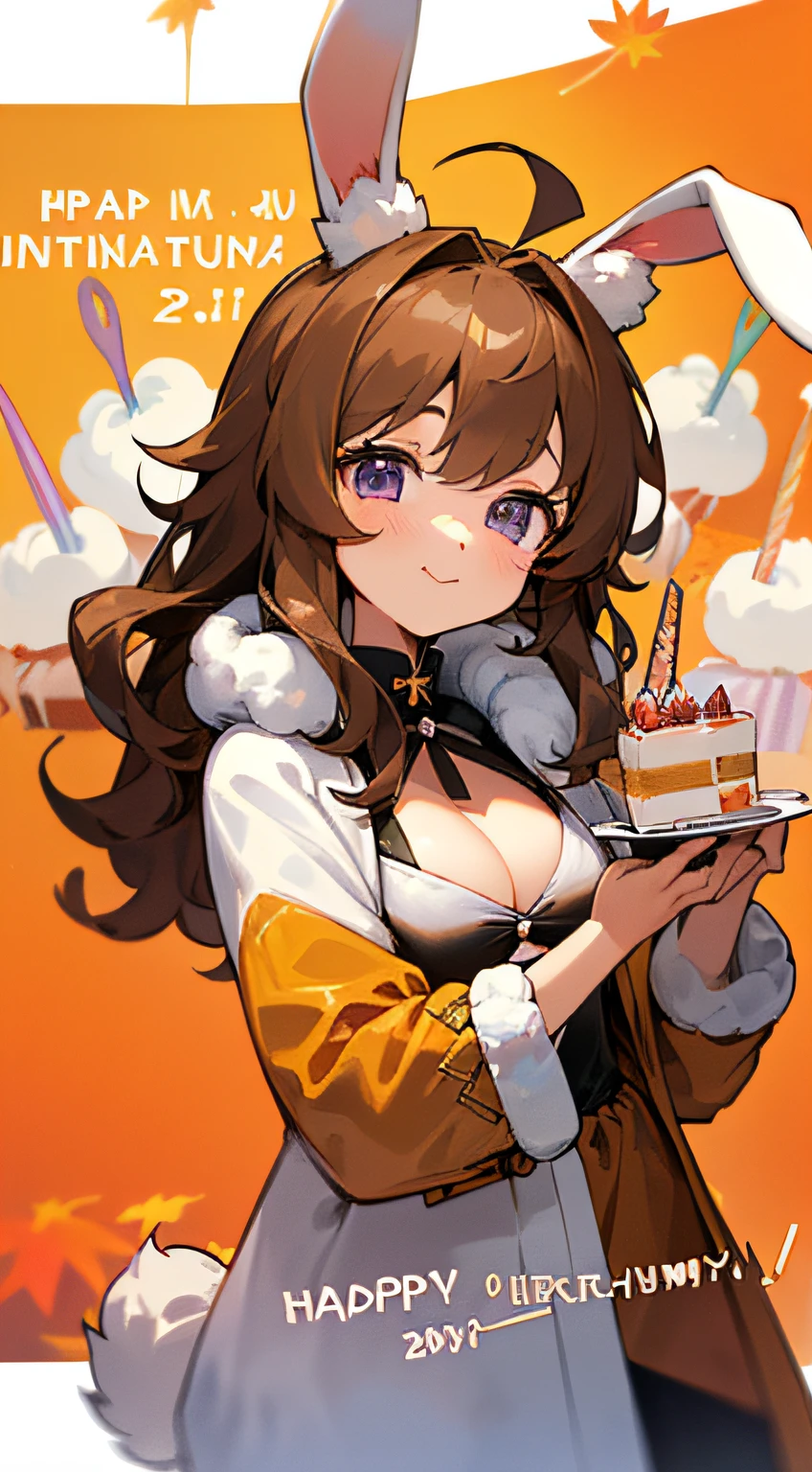 Cute, (1 girl:1.1), Solo, (light brown hair:1.3), Medium Hair, Wavy Hair, Purple eyes, A big smile, Ahoge, (Rabbit ears:1.4), (Rabbit tail:1.3), Princess Cut, (Fluffy muffler:1.8), (coat:1.6), (Autumn clothes:1.6), (Chibi:1.0), (Slouch:1.4), (cleavage:1.4), (Holds a small birthday cake with a fork in one hand。:1.5)