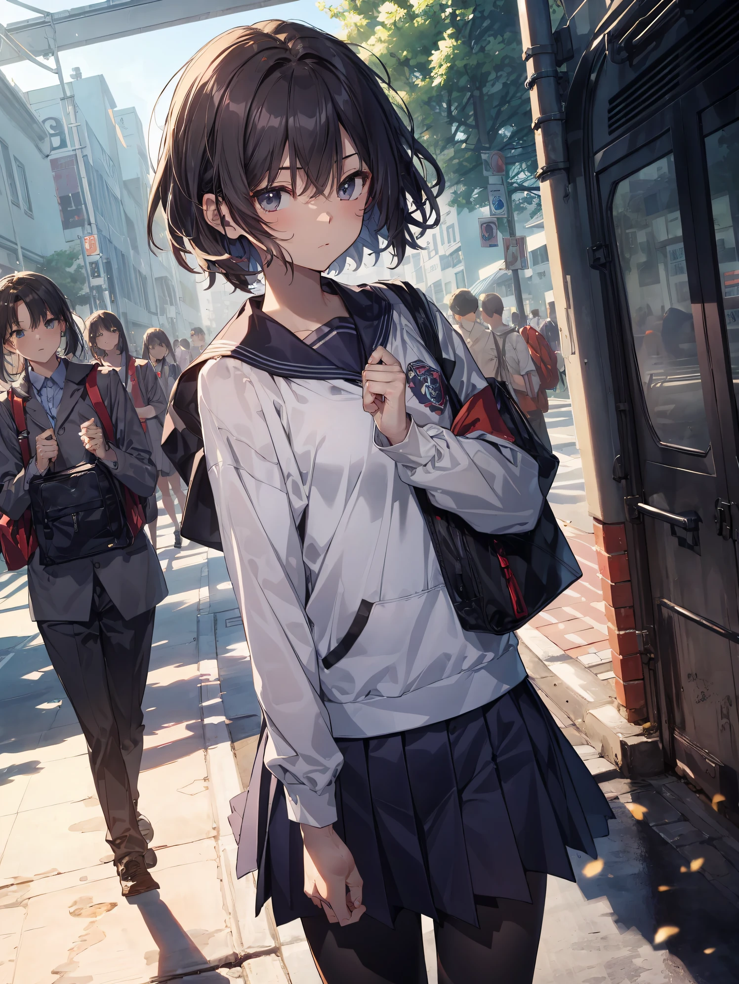 Creator qualities, anime moe art style,Best Anime 8K Konachan Wallpapers,Pixiv Contest Winner,Badass Anime 8K,Perfect Anatomy, (Draw a girl sleepily walking to school. ),BREAK, 1girl in, (Solo,Lori,child,13years:1.3),a junior high school student, Androgynous attraction, (Very short hair),hair messy, Full limbs, complete fingers,flat chest, Small butt, groin, Small eyes,Precise black eyes,disgusted eye, School uniform, Skirt,On the way to school. BREAK,Ultra-detailed,High resolution,super detailed skin, Professional Lighting, (cool illustration:1.2),