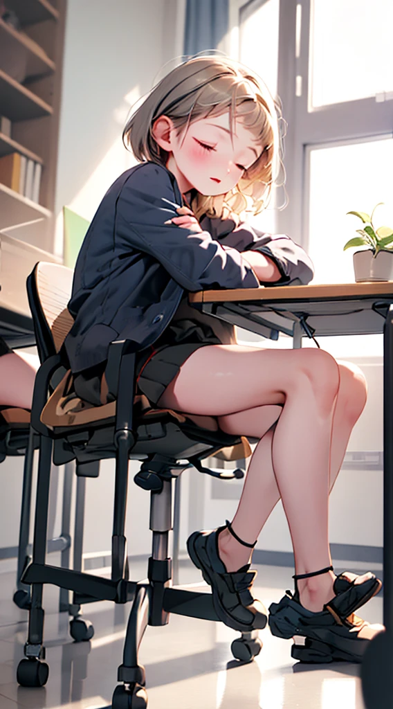 masterpiece, best quality, modern, lazy posture sitting on japanese school chair sleeping, wearing school uniform