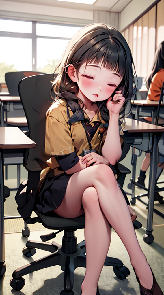 masterpiece, best quality, modern, lazy posture sitting on japanese school chair sleeping, wearing school uniform