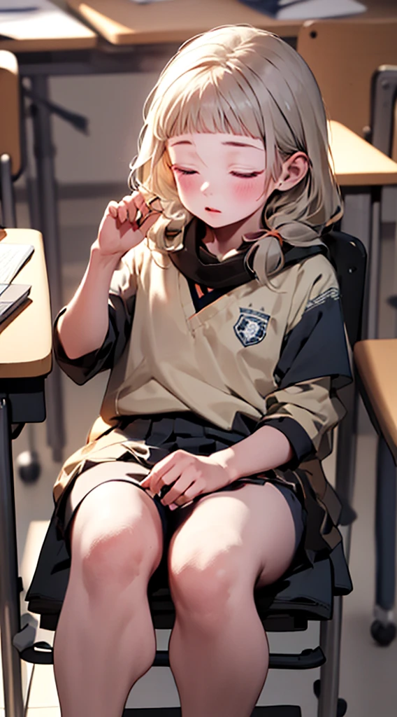 masterpiece, best quality, modern, lazy posture sitting on japanese school chair sleeping, wearing school uniform