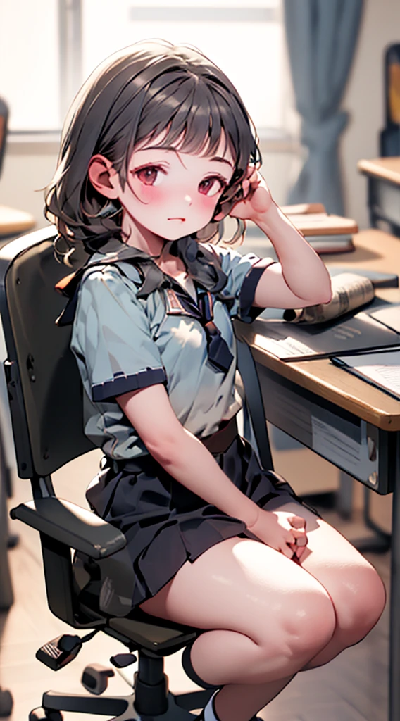 masterpiece, best quality, modern, lazy posture sitting on japanese school chair sleeping, wearing school uniform