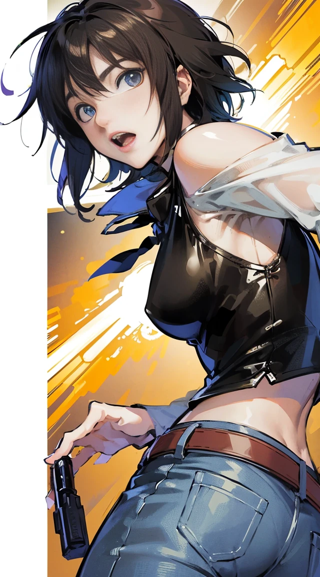 best quality,4k,8k,highres,masterpiece:1.2),ultra-detailed, extremely detailed eyes, extremely detailed body, (large masterpiece digital art), (detailed manga illustration), (detailed line art), ((perfect anatomy)), (intricate details:1.3), (ultra-detailed:1.3), (illustration:1.3), (sharp focus:1.3), (natural lighting:1.05), (vivid colors:1.3), (masterpiece), expressive eyes, perfect face, 1 girl, breasts, cleavage, gloves, large breasts, casual clothes, white shirt, tee shirt, denim jacket, jacket, {blue hair}, medium hair, wavy hair, (gray eyes), black denim shorts, shorts, dynamic pose, Huge ass, curvy, fur trim, hair bun, black ankle boots, cinematic lighting, heroic atmosphere, Beautiful woman, Atey Ghailan, Jeremy Mann, Greg Manchess, Antonio Moro, trend in ArtStation, trend in CGSociety, Intricate, High Detail, Sharp focus, dramatic and photorealistic painting art by Midjourney and Greg Rutkowski, Marvel Cinematic Universe style, (((mystical gothic castle in the background))),