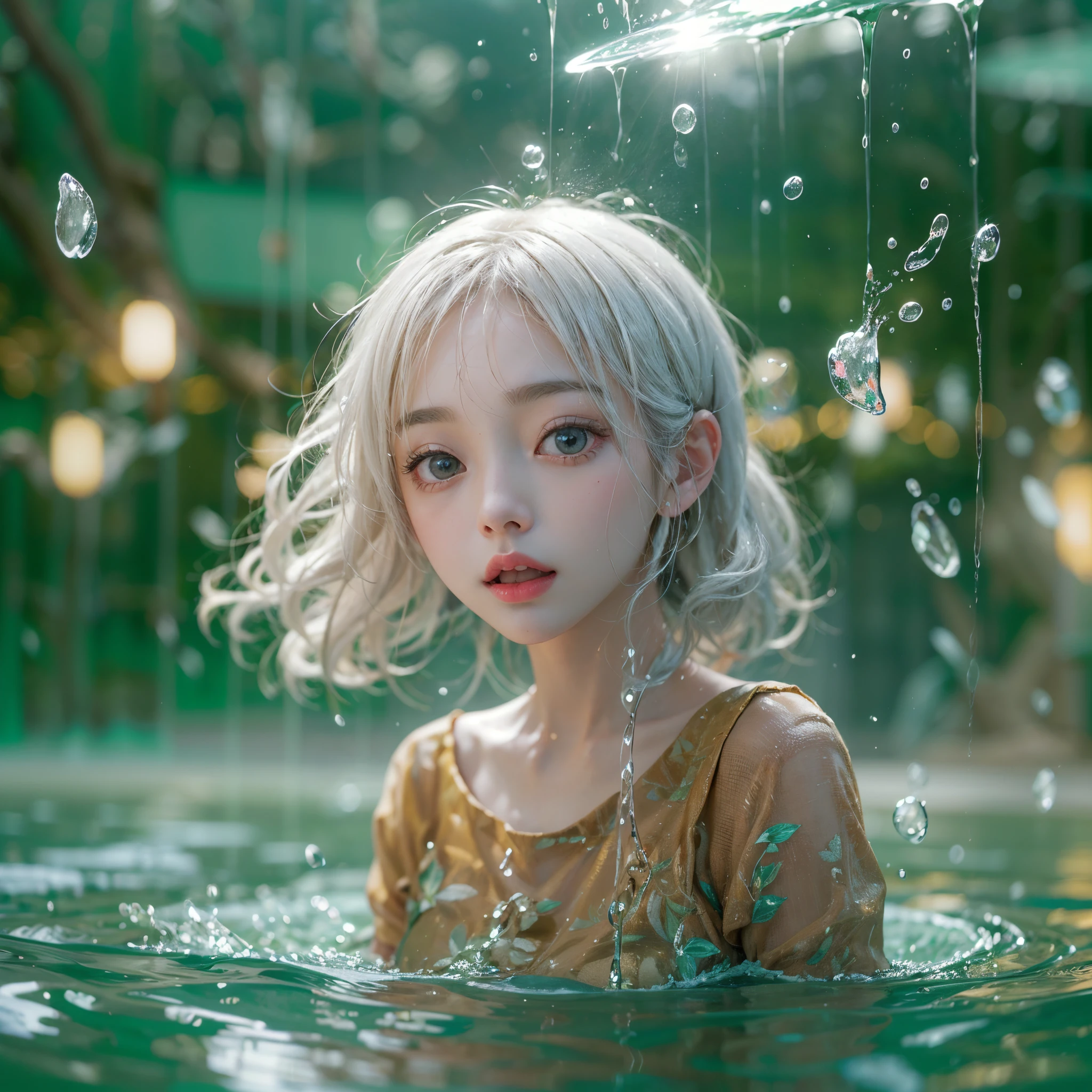 (8K, Original photography, Top image quality, masterpiece: 1.4), hyper HD, (Realistic, 真实感: 1.48), realisticlying, A high resolution, softlighting. Tiny Girls, girl jumping into the water、Falling、splash water、shout、Luminous water surface、White and Vivid colors, back lighting, glistening ivory skin, sparkling highlights, Detailed KAWAII face with cute lips, long eyelashes, Delicate clothes, Detailed open ??????