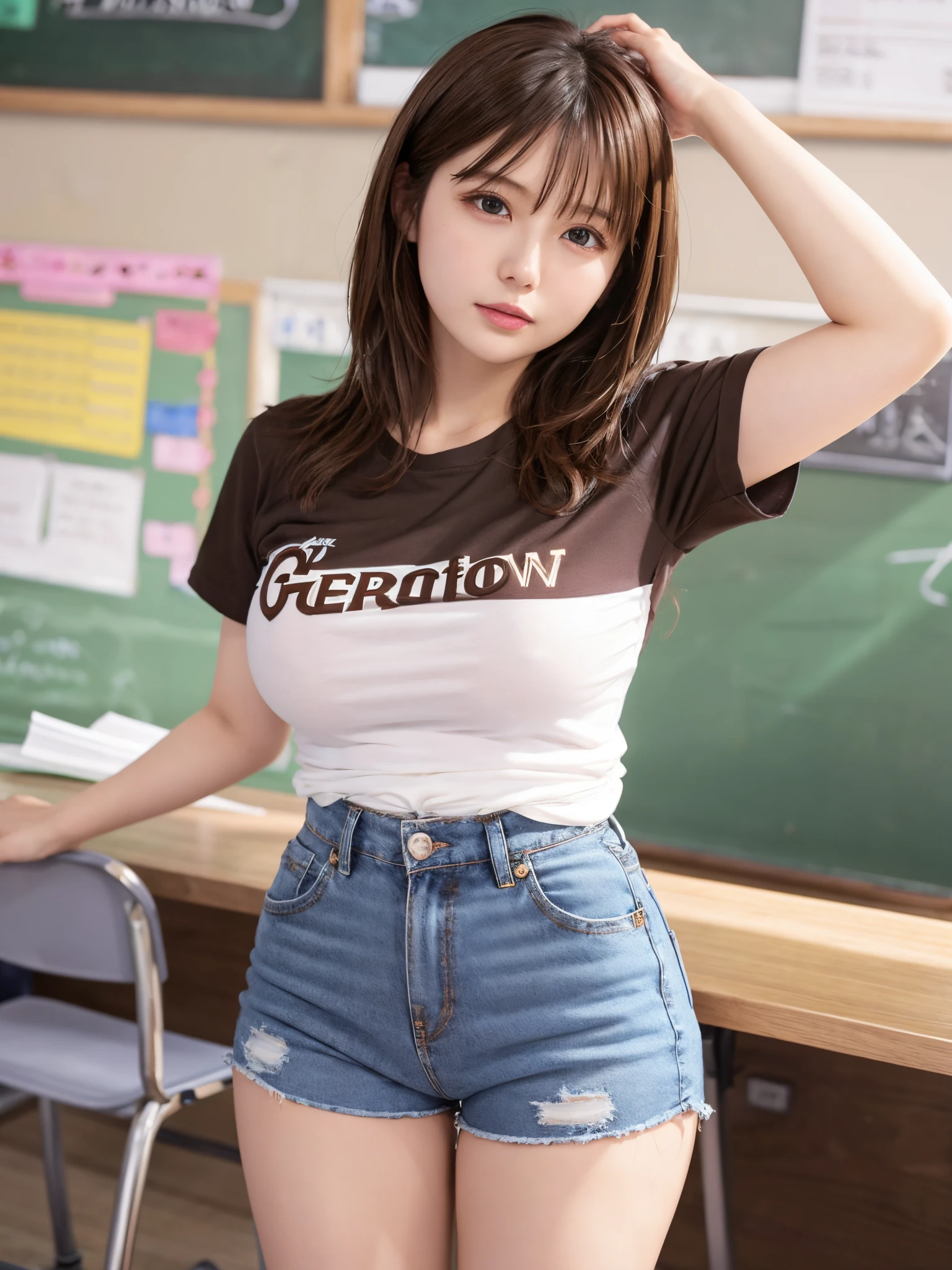 Tight T-shirt、shortpants、25-year-old gravure idol、Medium hair、Brown hair、Colossal tits、shiny thighs、Sensual look、school classrooms