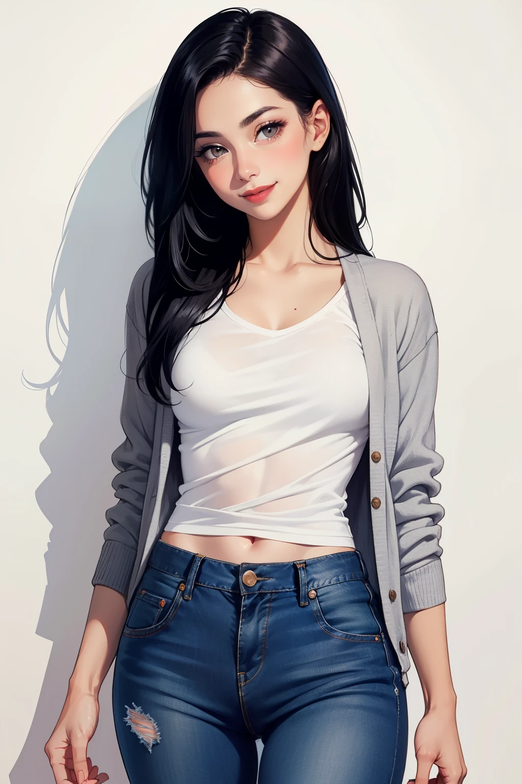 Amazing portrait of a sexy woman wearing her long straight luscious black hair, seductively gazing and smiling, soft lips, parted, blushing intensely, smiling, white t shirt, grey cardigan, baggy jeans, medium chest, perfect body