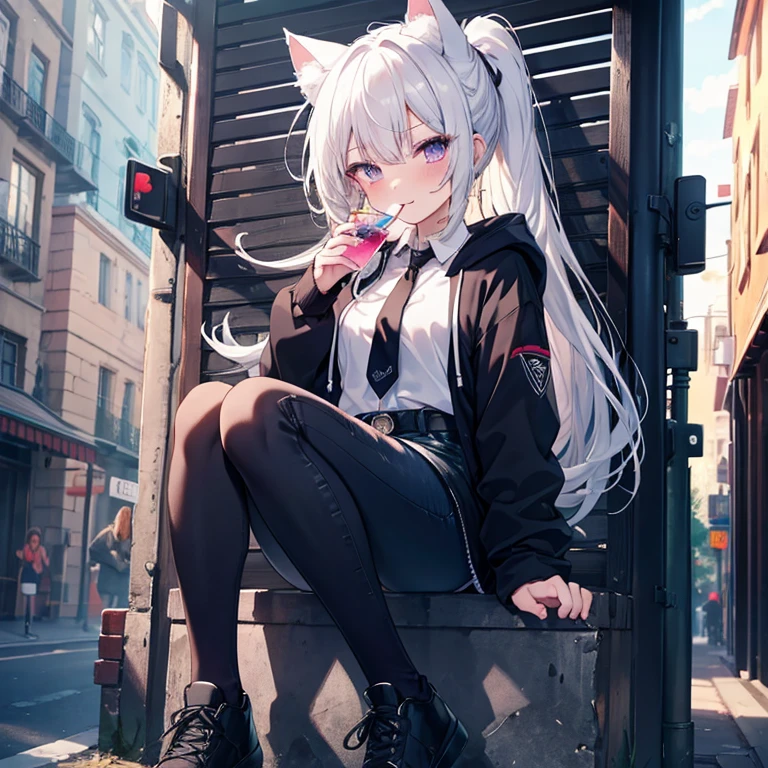 masterpiece, best quality), intricate details, 8k, artstation, wallpaper, official art, splash art, sharp focus,, 1girl, White Hairs Ponytail, Cat Ears, Sharp Eyes, Purple Eyes, Sticking Tongues out, happy Expression, Little blush, Wearing White Shirt, Black Necktie, Hoodie Tied On Waist, Short Jeans Pants, black Shoe, Holding A Drink, On Street