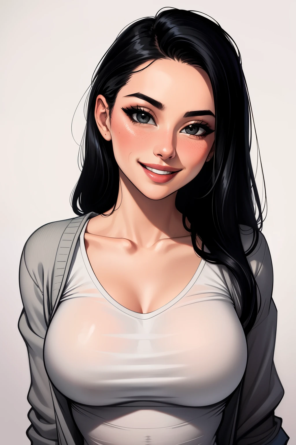 Amazing portrait of a sexy woman wearing her long straight luscious black hair, seductively gazing and smiling, soft lips, parted, blushing intensely, smiling, white t shirt, grey cardigan, baggy jeans, medium chest, perfect body