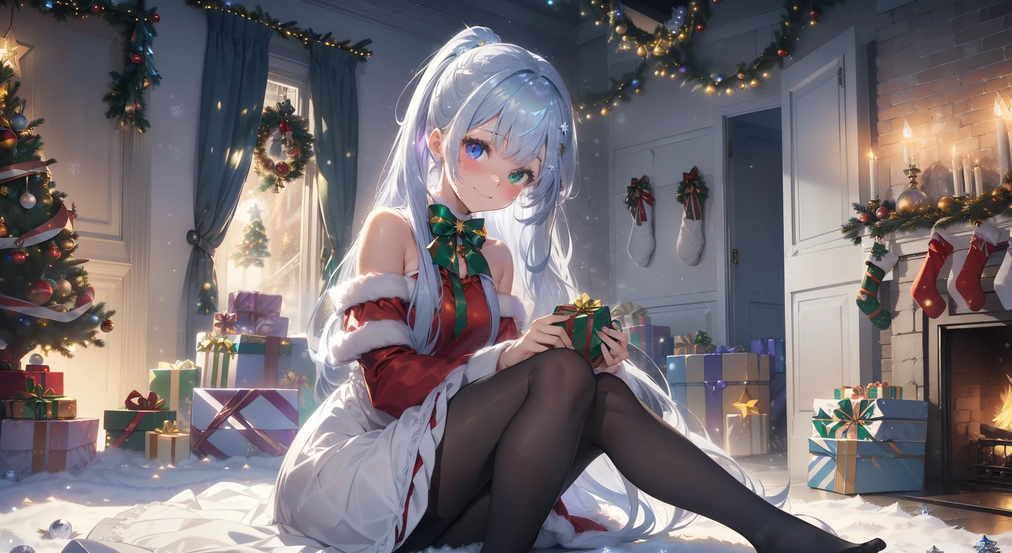 Highest quality、Photorealsitic、The ultra-detailliert、delicate、orderly、high détails、bluish-silver ponytail、(Drooping heterochromia iris:1.4)、Gamine、10yaers old、embarrassed from、a smile、A slender、fullllbody、blured background、(1 girl in:1.2)、GameCG、dynamic ungle、(Bioluminescent hair、radiant eyes:1.2)、ambient occlusion、ambient lights、ray trace reflection、Glow、glowing aura、Radiant hair、(Christmas、santa dress,off shoulders,pantyhose、illuminations、Christmas tree:1.5)