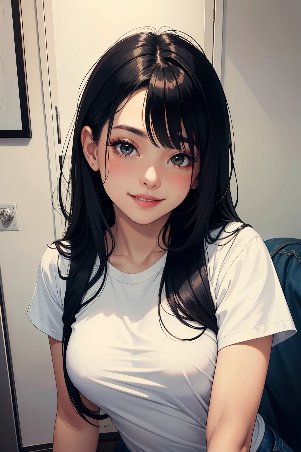 Amazing portrait of a sexy woman wearing her long straight luscious black hair, seductively gazing and smiling, soft lips, parted, blushing intensely, smiling, white t shirt, baggy jeans, medium chest, perfect body