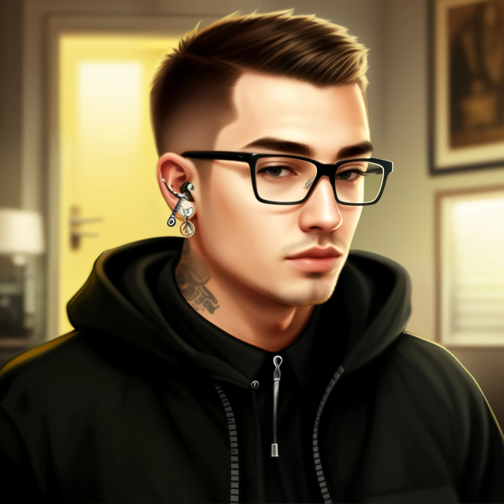 Realistic white guy with short buzz cut hair, slightly emo baggy clothes and piercings with glasses