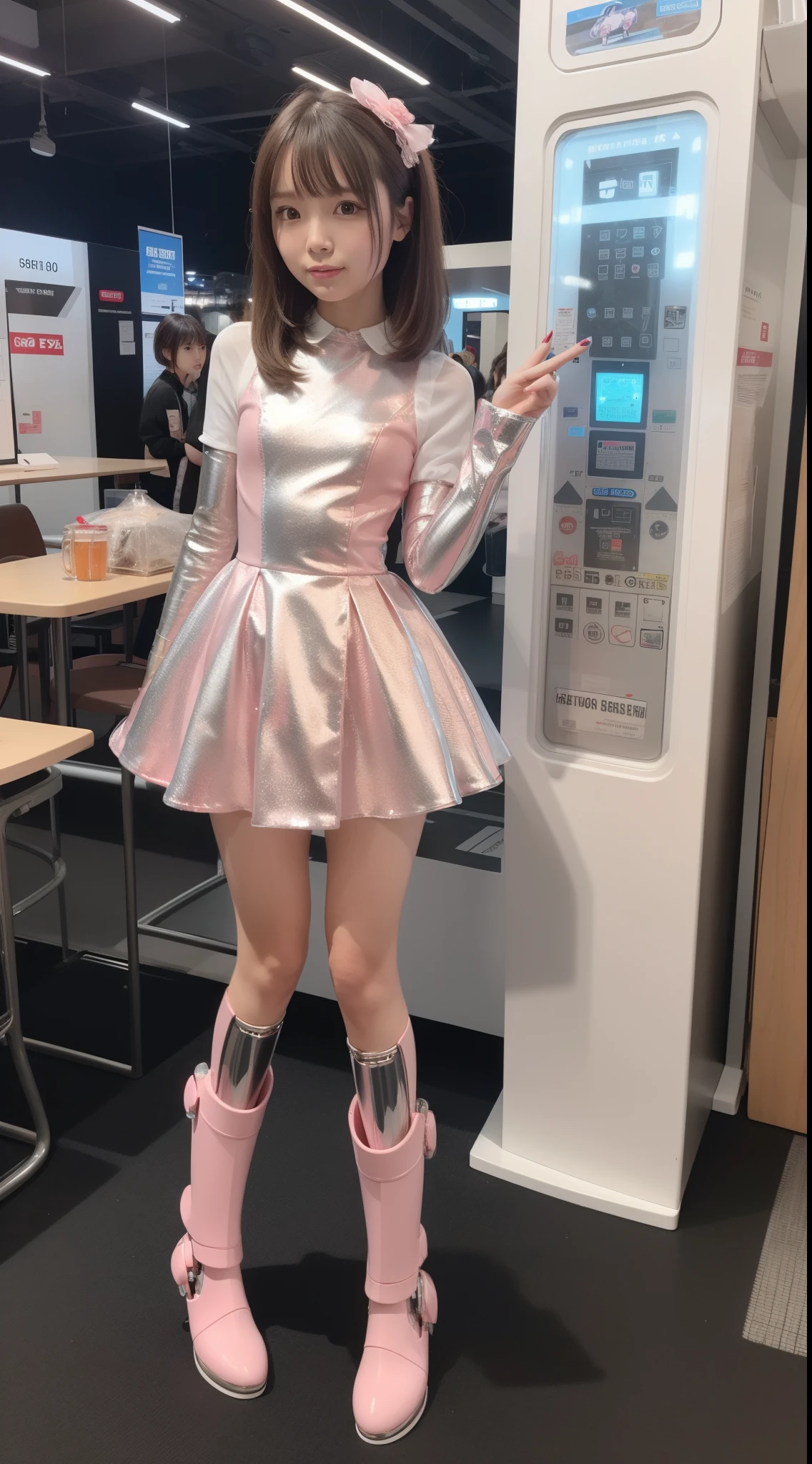 Robot Girl, pink there, Silver, Metallic body, Robot Parts, Metal Parts, Super Detailed Face, Super well-formed face, of the highest quality, a small face, a small head, Brown hair, Slender body, Camera gaze, Internal Mechanical Exposure, Idol, front facing, Well-proportioned body, sale, exhibition, Event Hall, Moe Pose, no sleeve pink metallic Princess Dress Machine Armor, Standing with legs open, Model body type, sad, Embarrassing,(Perfect Robot Girl),(Perfect machine body)