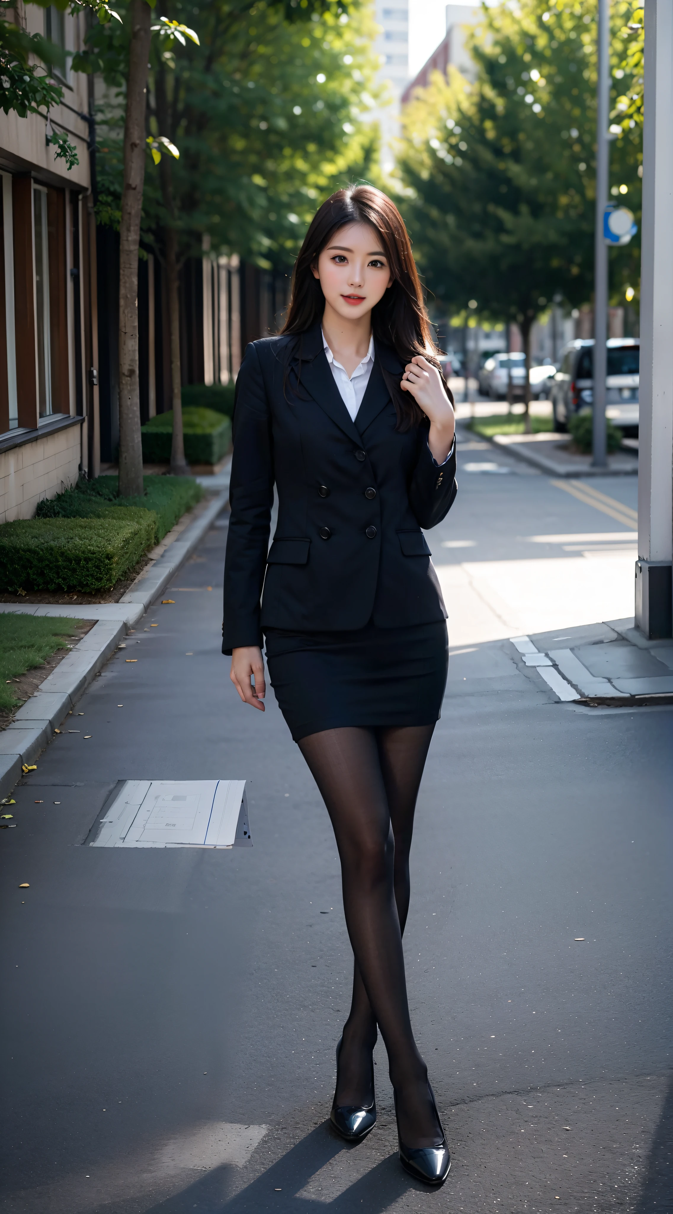 Best quality, Full body like,delicated face,Nice face,25-year-old woman,Slim figure,Smaller bust,office lady uniform,office attire,Black stockings,exterior,The legs are M-shaped,