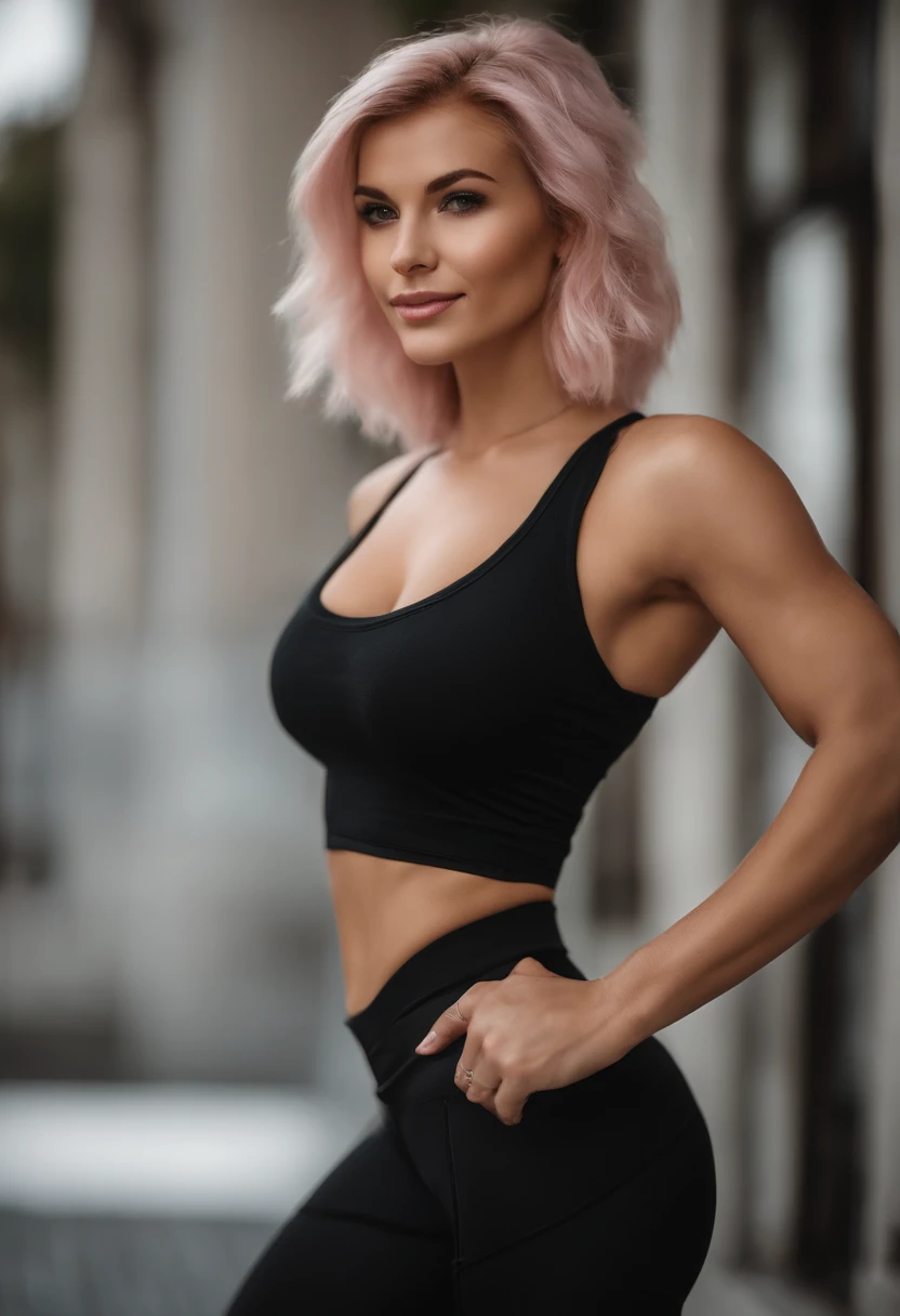 arafed woman in a black top and black pants posing for a picture, anna nikonova aka newmilky, fitness model, fit girl, aleksandra waliszewska, olga buzova, dasha taran, with abs, yelena belova, julia gorokhova, fit physique, angelina stroganova, fit body. beautiful woman with pink hair, hair roots slightly faded, short hair, spanish , influencer, light freckles, light hazel eyes, no makeup, instagram. 25 years old. caramel skin color.