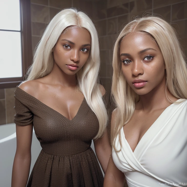 2 girls, Beautiful fit ebony brazilian girl full naked, light skin, tanlines, standing fully nude, cute 21 years old, long straight hair, blonde highlights, as a sexy girl from playboy, amazing large breasts, strip club, stripper, neon lights, stripper pole, desktop wallpaper, professionally lit, orgasm_face