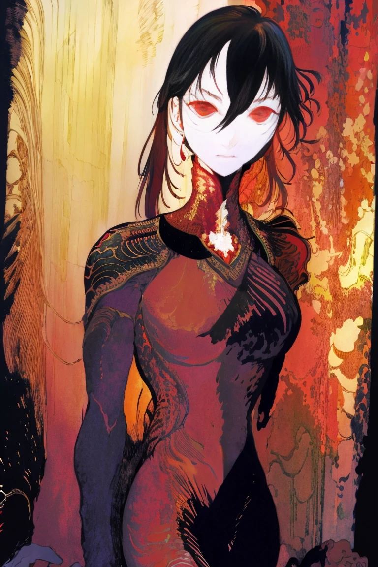 1 beautiful devil woman from hell, In the Dark: 1.6), surreal female portrait by David Hockney and Alphonse Mucha, fantasy art, korea doll, photorealism, dynamic lighting, artstation, poster, volumetric lighting, very detailed faces, 8k ultra, Awarded, in the dark, deep shadow, low key, cowboy lens, (Red phoenix dress: 1.4), long hair, black hair, bust, luxurious palace, Royal style, devil crown, red eyes make up very sharp and detailed, The most beautiful face, The breasts are very big and round and round, Super realistic, chinese women's clothing, polo neck sweater, Charming smile, The eyes are very well made up, guweiz, devil style, wearing black mesh socks, Ponytail with a bow tied at the back of the hair, Red black lips, Devil tattoo on shoulder, wearing a thin red and black robe, the landscape is overcast and thunderous, (Portrait), Close-up of the main character, (Background details 1.8),