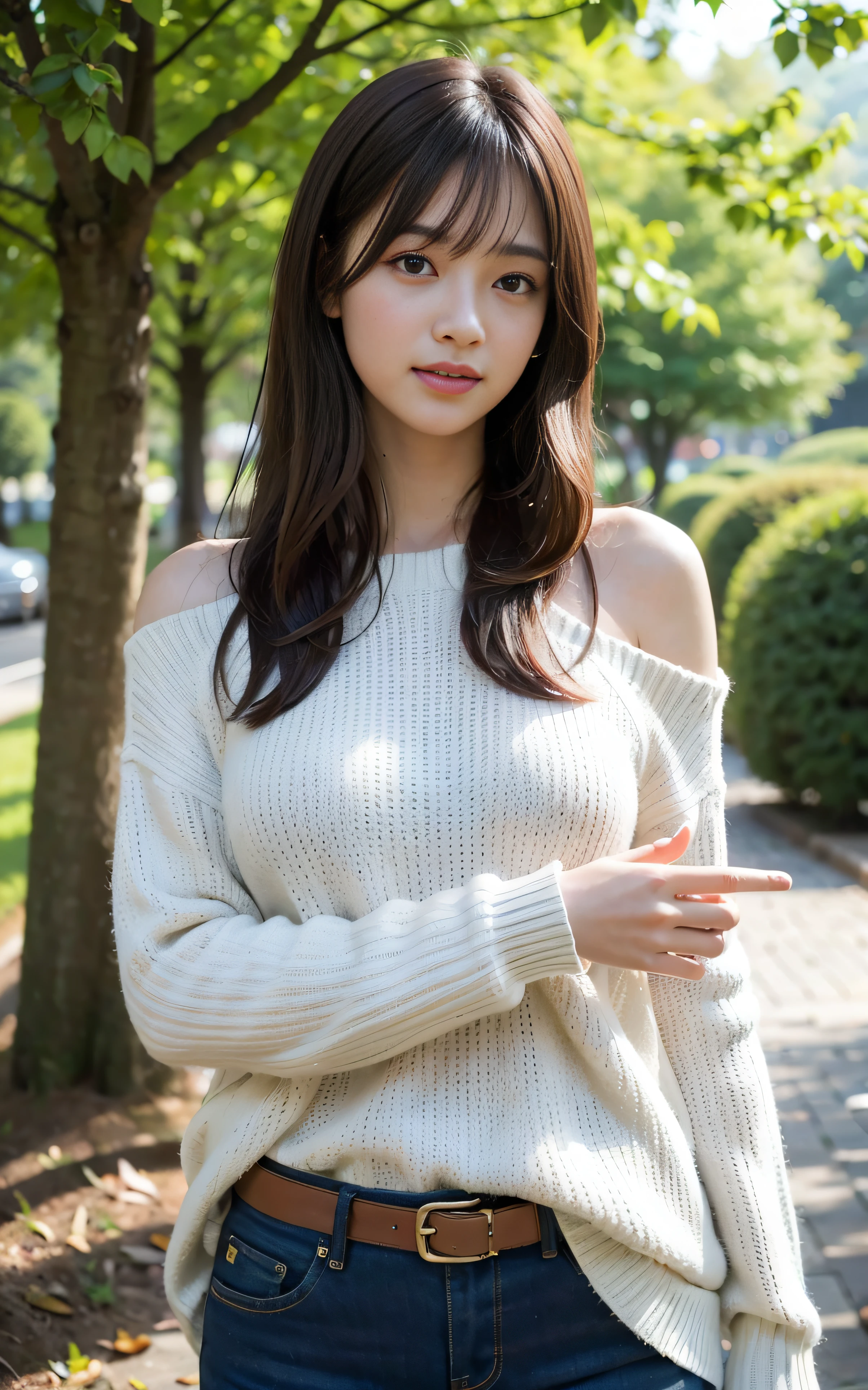 (Raw photo, Best Quality), (Realistic, Photorealsitic:1.3), masutepiece, Extremely delicate and beautiful, Soft light, (Brown hair, Shoulder-length straight hair swaying in the wind), Bangs, Beautiful detailed girl, (Detailed fingers), extremely detailed eye and face, beautiful detailed nose, Beautiful detailed eyes, 1 girl, Japanese, Neat and clean beauty, 年轻, Smile, Sweaters, Pants, (Half body:1.3), (medium breasts), Realistic face, Realistic body, forest