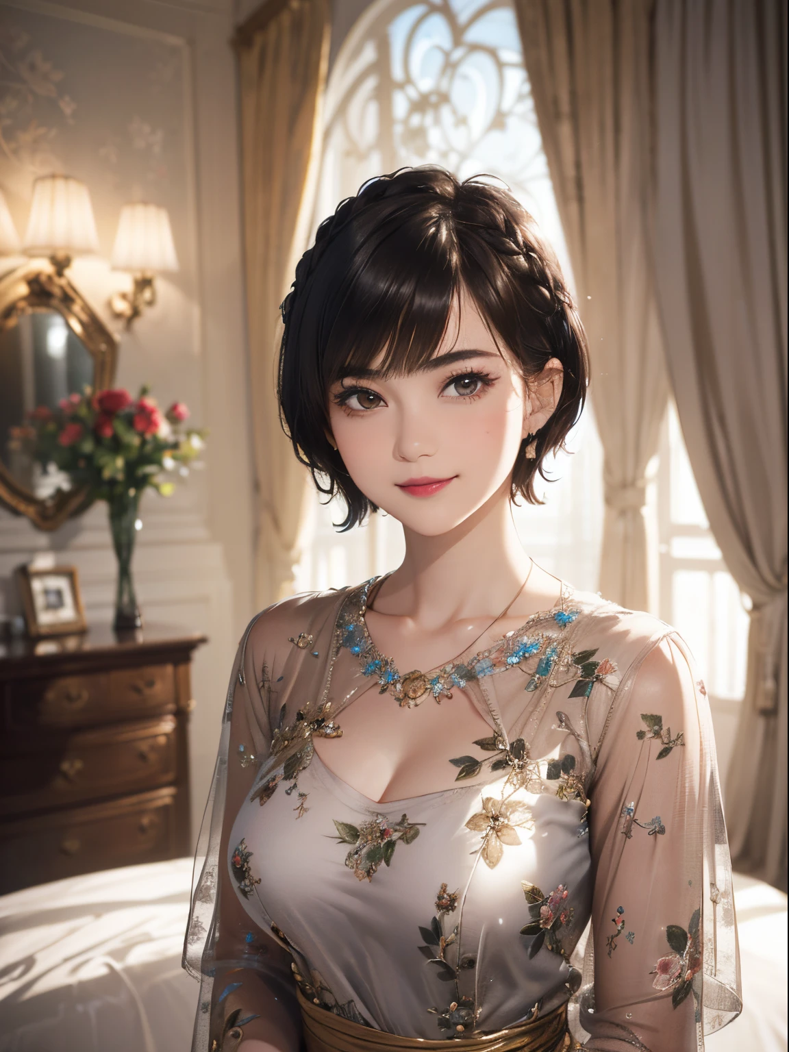 123
(a 20 yo woman,is standing), (A hyper-realistic), (high-level image quality), ((beautiful hairstyle 46)), ((short-hair:1.46)), (Gentle smile), (breasted:1.1), (lipsticks), (florals), (Luxurious room), (Depth of field is deep), (Modern)