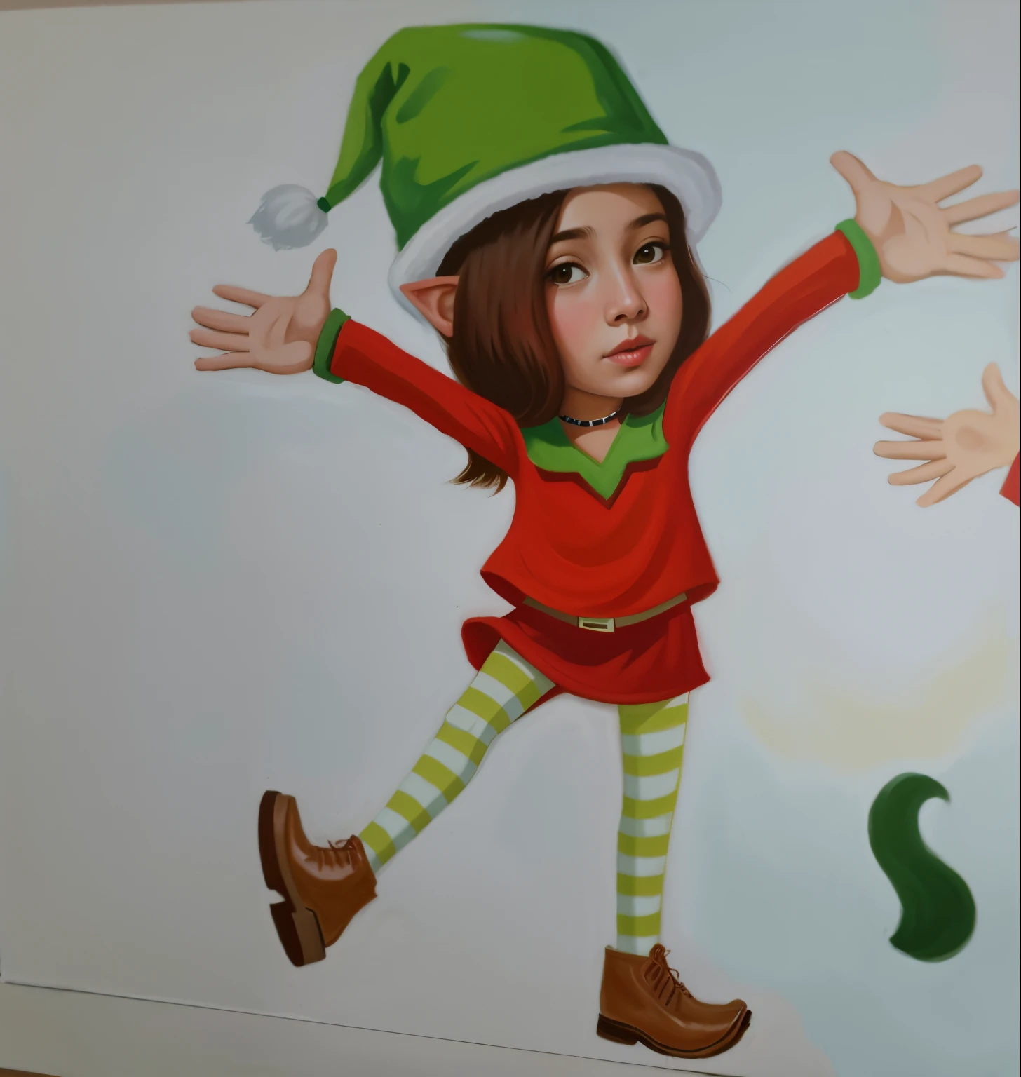 painting of a girl in a red dress and a green eleven hat, girl eleven, a las once, por una vez, Adolescente Elfo Chica, Girl Eleven, Elfpunk, Elfo femenino, Un Una vezo con traje, little eleven, Elfos, Un retrato de un Una vezo, Una vez, lineless, Un Una vezo de mediana edad, Una vezo de la maquina, un onceo macho