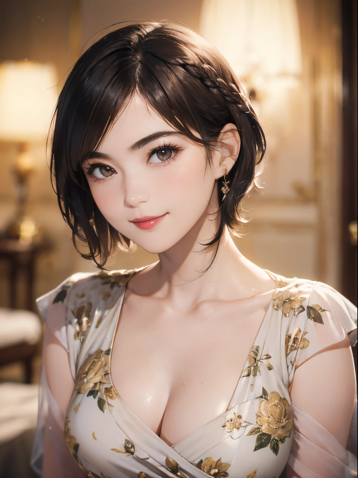 123
(a 20 yo woman,is standing), (A hyper-realistic), (high-level image quality), ((beautiful hairstyle 46)), ((short-hair:1.46)), (Gentle smile), (breasted:1.1), (lipsticks), (florals), (Luxurious room), (Depth of field is deep), (Modern)