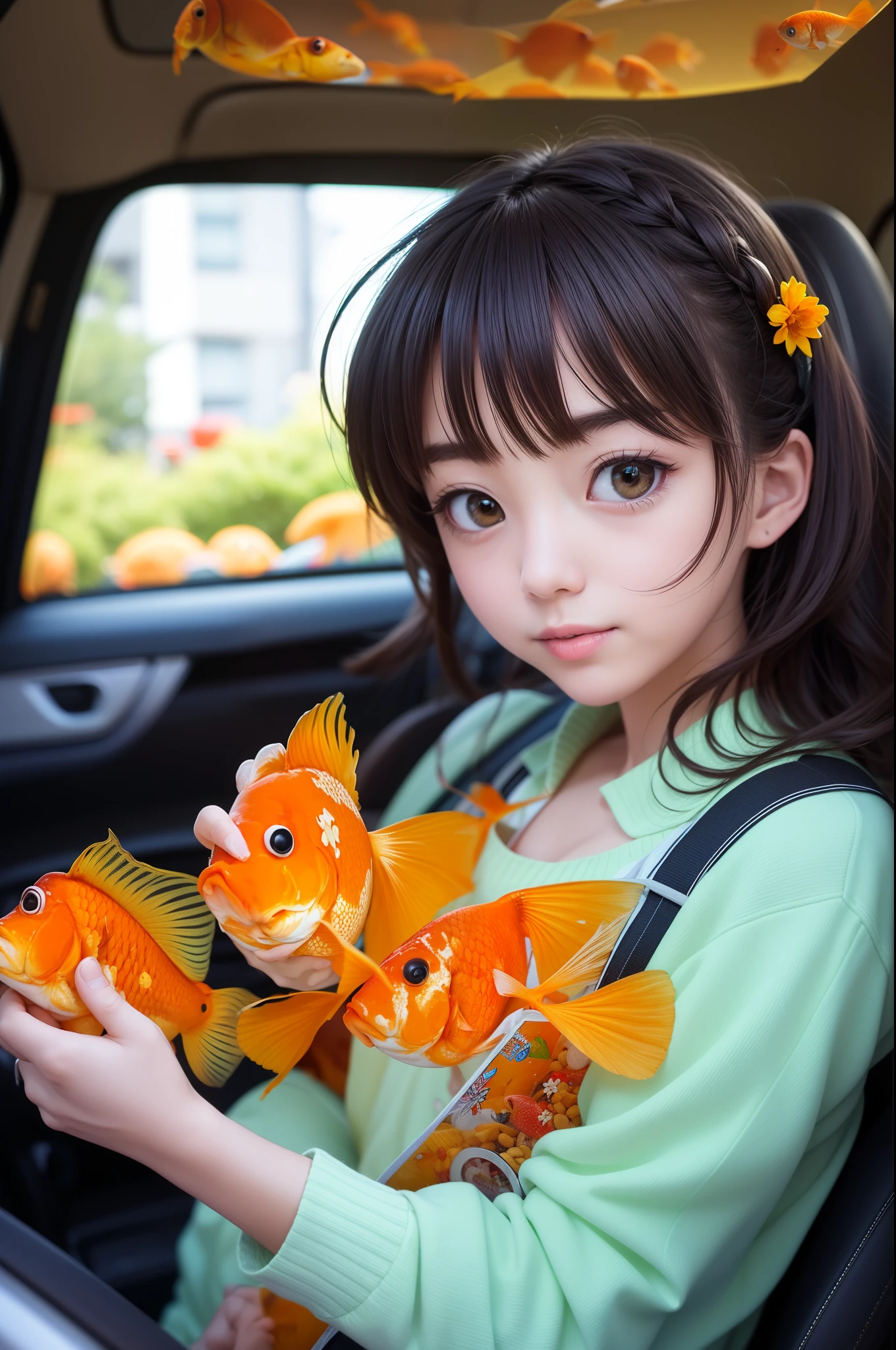 The girl in the car is filled with goldfish ancflowers, goldfish can fly, Kawaguchi Renko's art.natural posture, holiday dadcore, youthful energyand pressure, body stretching, goldfish
simulation movies in the sky, super details, anddreamy high photography. Colorful. Covered bywater and goldfish, indoor scene, close-up shotin XT4 movie --auto --s2