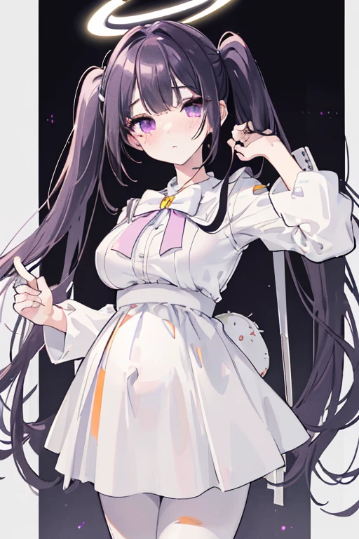 white skirt,black hair, twintails, white skirt, white pantyhose, 8K, masterpiece,detailed halo,16 years old highly detailed face,medium breast,solid circle eyes,wing on the waist,purple eyes,god ray,detailed shading,depth of field, shame, blush, maternity dress, maternity mark