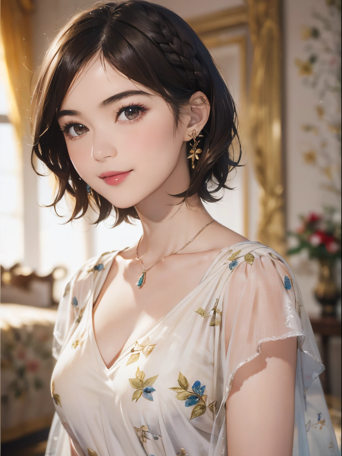 hair, black, breasts, eyes, 1girl, solo, looking, viewer, smile, upper, body, teeth, dress, grin, long, realistic, brown, background, bare, shoulders, jewelry, earrings, lips, collarbone, medium, flower, shirt, white, cleavage, small, forehead, simple, grey, shoulder, gradient, sleeves, ornament, detached, braid, blush, hat, see-through, short, makeup, book, headwear, cutout, camisole, eyelashes, portrait, veil, twin, braids, sleeveless, beret, off-shoulder, hairband, indoors, railing, underwear, collar, side, sunlight, plant, clothing, wavy, single, curly, strapless, sitting, couch, stack, bangs, over, spaghetti, strap, necklace, sun, vest, blurry