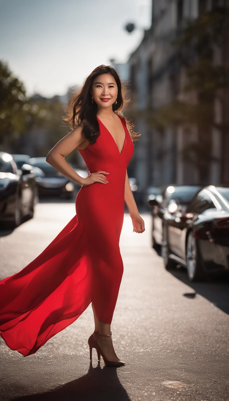 Asian 30-year-old woman , dark long hair, Red dress,A confident expression,Vibrant, skin,Smiling,delicated face,stand posture,urban backdrop,professionalstudiolighting,actual,A Ferrari, realisticlying:1.37,sportrait,vivd colour,cold shades,gentlesoftlighting,Cinematic texture