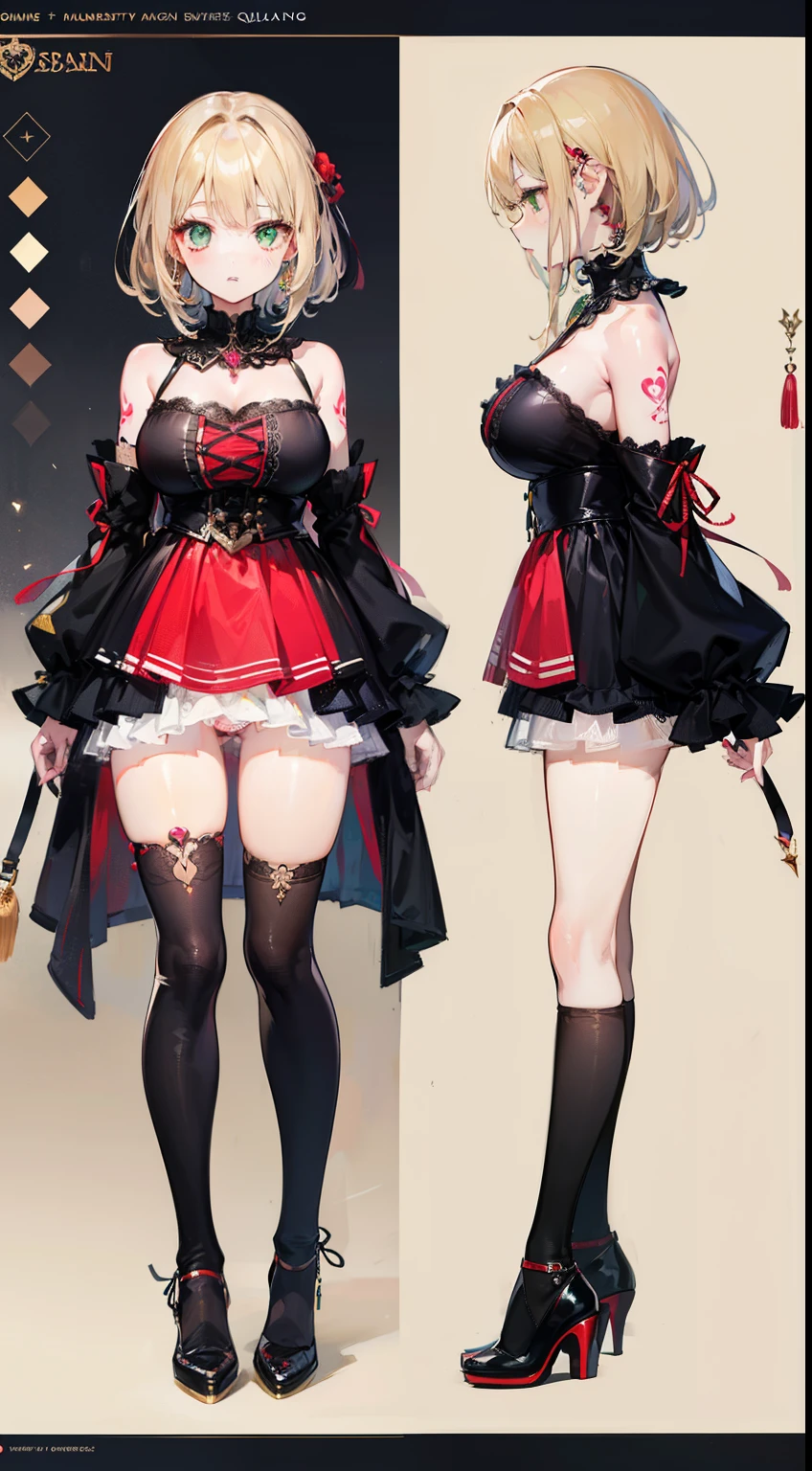 ((top-quality)))ung girl, character sheets, concept-art, full body Esbian, (​masterpiece:1.2), (Top image quality:1.3), 1girl in, is standing, Loose medium hair, A sexy, black string babydoll costume,  Obscene tattoos, Big,Black Knee High Socks,(Beige hair), Green eyes