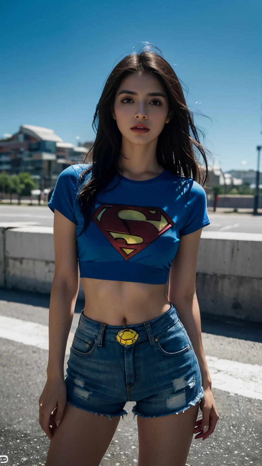 Hermosa mujer con cabello rubio ondulado, Delicados y encantadores ojos azules, muesca del muslo, piernas largas y sexys, T-shirt small shorts,Superman letra S, Lindo cyberpunk futurista + Ciudad, niebla, humid, lluvia, Obra maestra de mejor calidad, realista, Detallado, 8k, HDR, poca profundidad de campo, Luz amplia, alto contraste, Luz de fondo, Flooding, Flash, Diferencia de color, foco nítido, Foto en color RAW, superman S symbol on the chest.