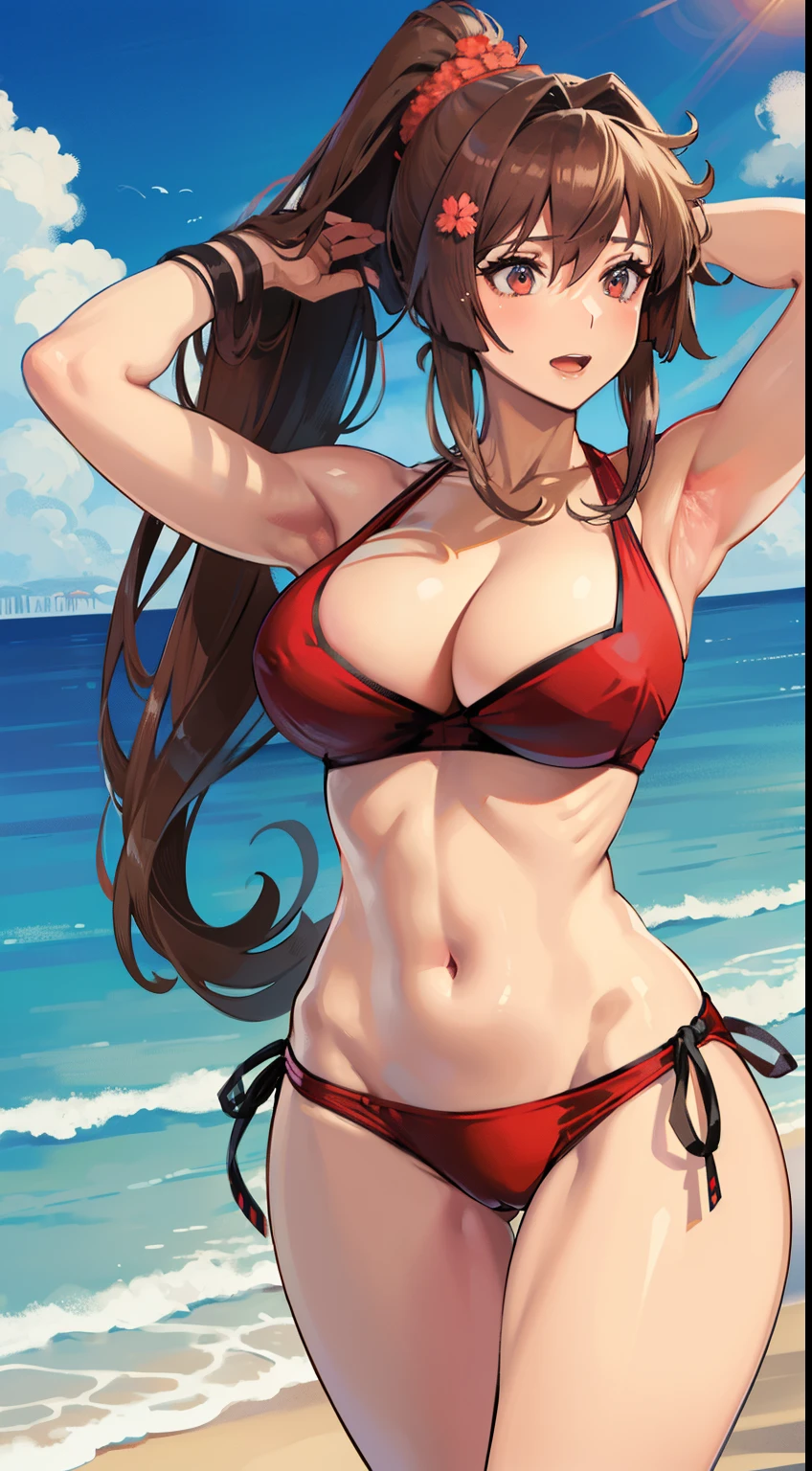 Open mouth, A MILF,Large breasts,wide hips,ponytail,brown hair,Solo,red bikini,resort beach,cowboy shot