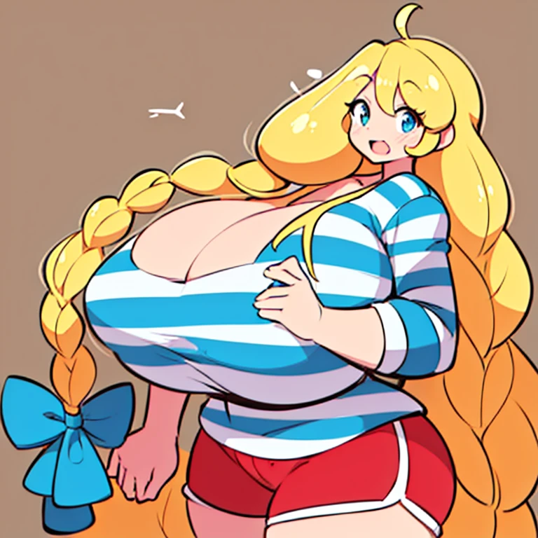 cassie, theycallhimcake, blonde hair, very long hair, braid, bow, striped shirt, red shorts, gigantic breasts, blue shirt, :d, 1girl