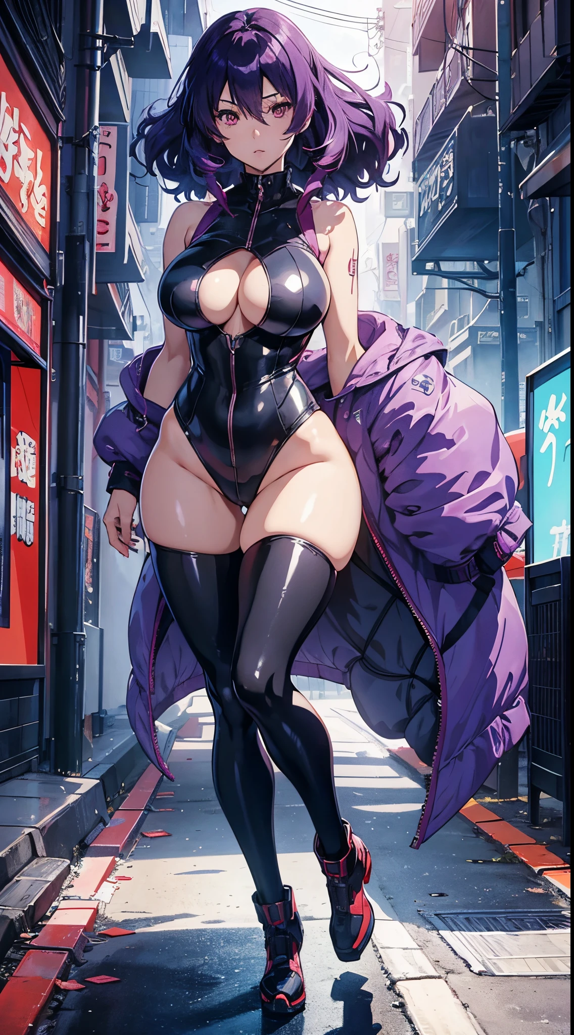 kusanagi motoko, Purple colored hair, red eyes,Anime style woman wearing black leggings， anime《Fantasma na Concha》Curly, kusanagi, Misato Katsuragi, Inspired by Morikage Hisumi, anime, Fantasma na Concha, Ghost in the Shell style,seductive anime girls, Anime cute art style, smooth anime cg art, thicc, photorealistic anime girl rendering, ECCHI anime style, realistic anime 3D style, attractive anime girls, noire moody scene, [ 4K digital art ]!!