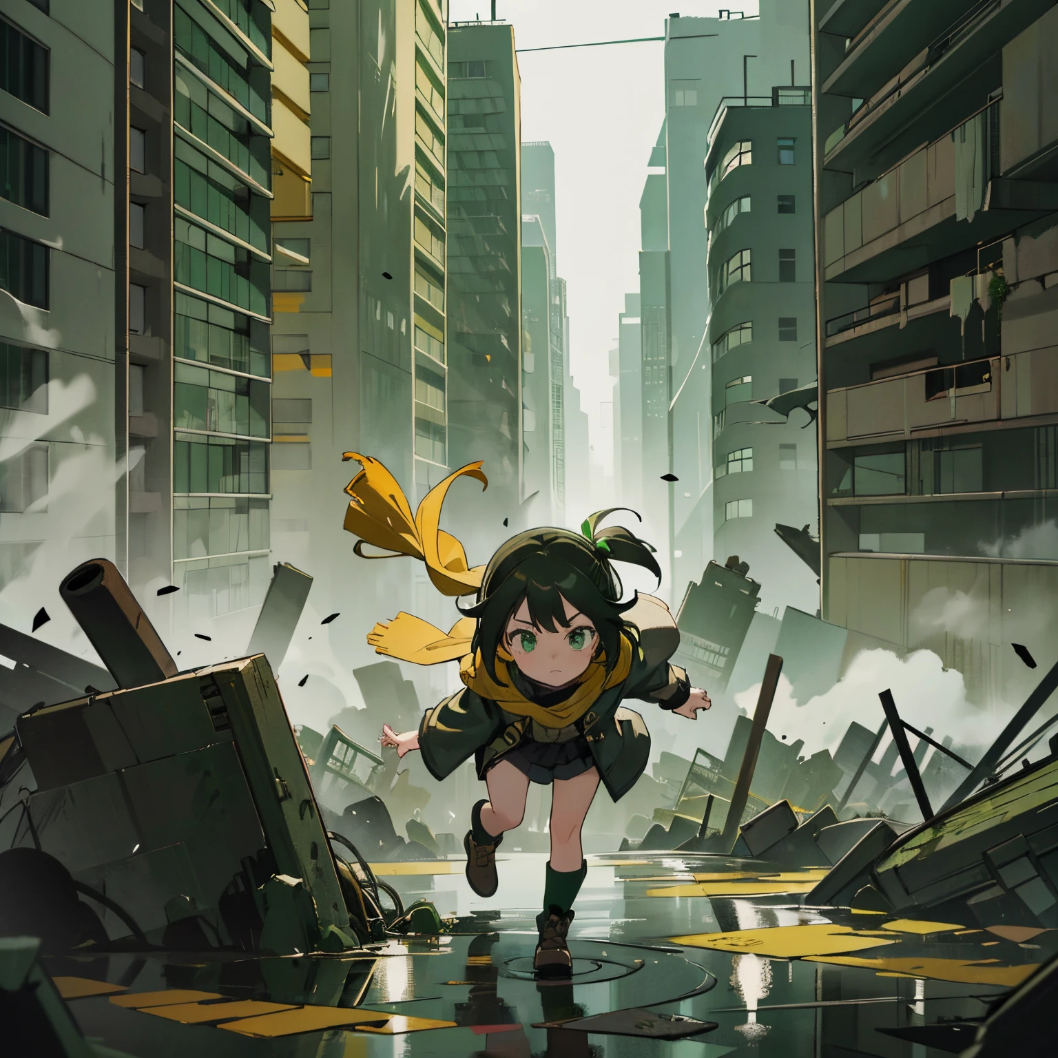 one-girl,brown side ponytail,Green-eyed, Yellow scarf fluttering,punky style,Black stroke,gray day,buildings,depth landscape,grieves,There are puddles in the ground,inverted image,(grieves),(Dark green trench coat),The role is centered,The city collapsed